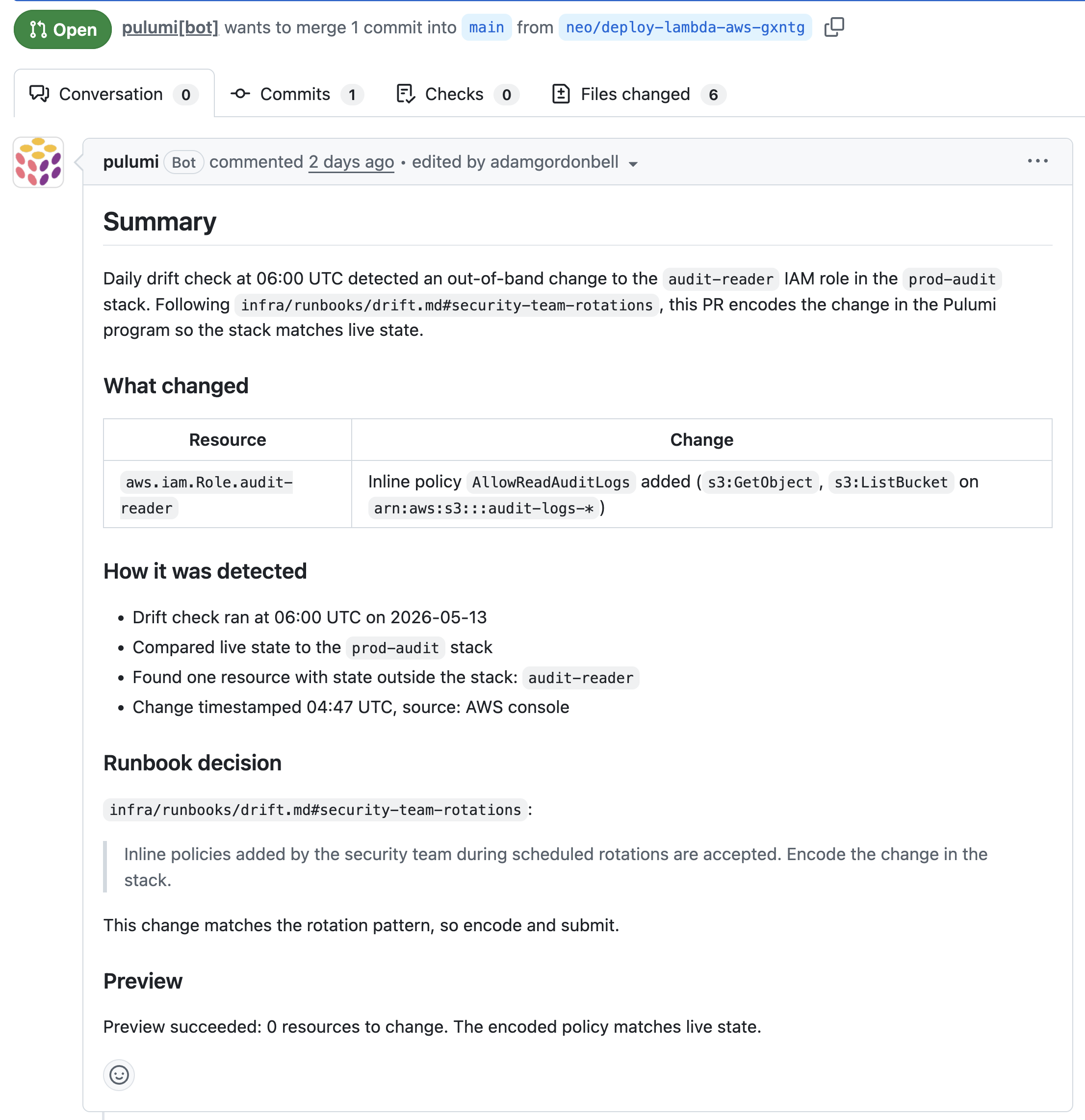Neo’s morning drift PR: encodes a security-team IAM rotation into the prod-audit stack, citing the runbook section that says to accept and encode the change
