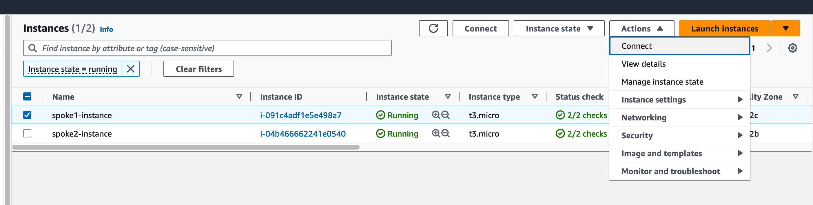Screenshot of the AWS EC2 console listing instances with an instance selected and the Connect menu item selected