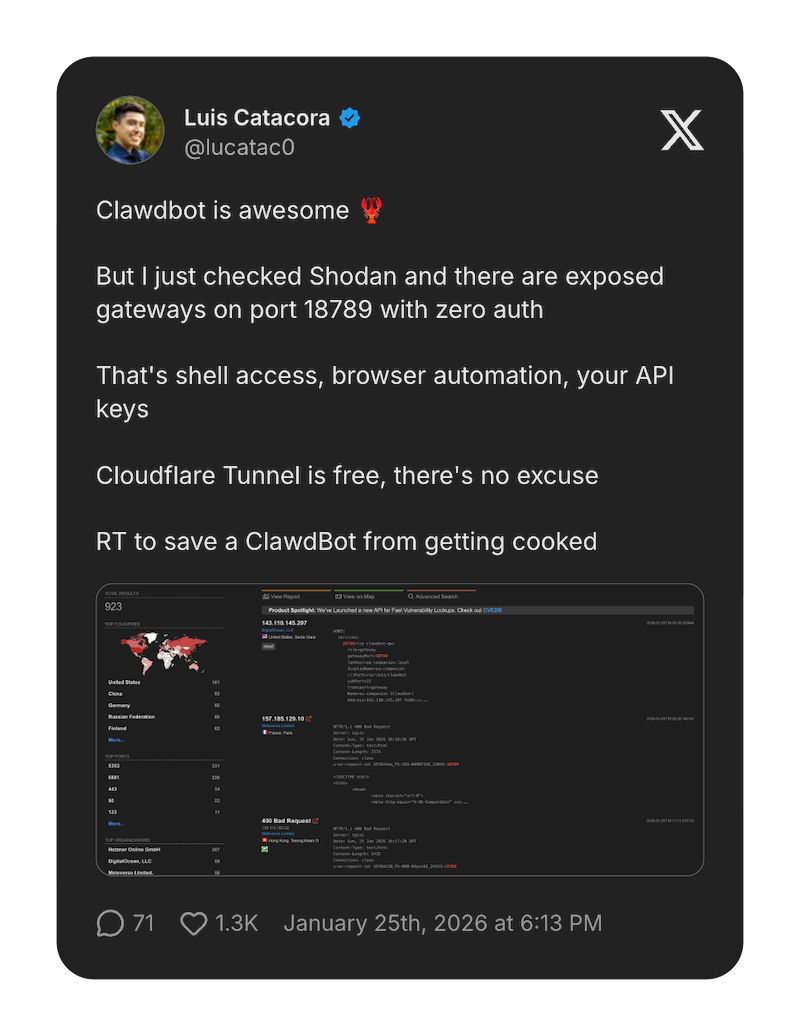 Tweet warning about exposed OpenClaw gateways with zero auth