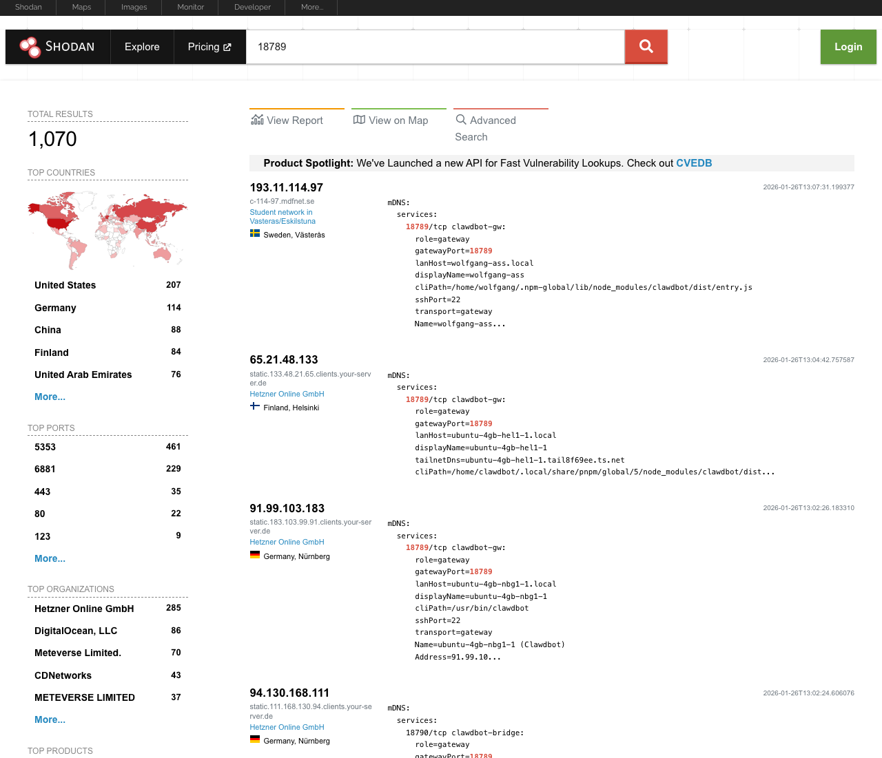 Shodan search showing exposed OpenClaw instances on port 18789