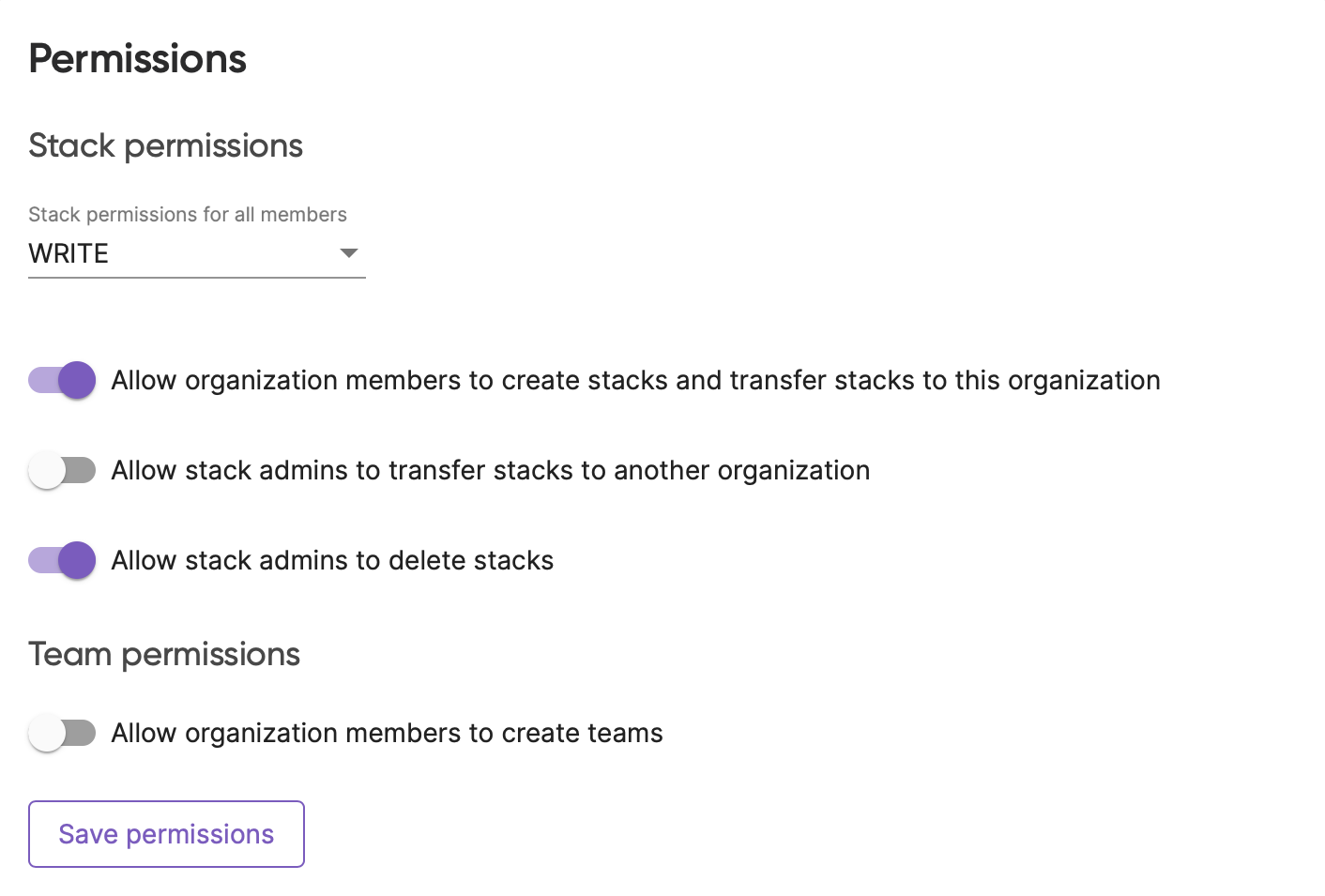 Screenshot showing the default stack permissions for all members