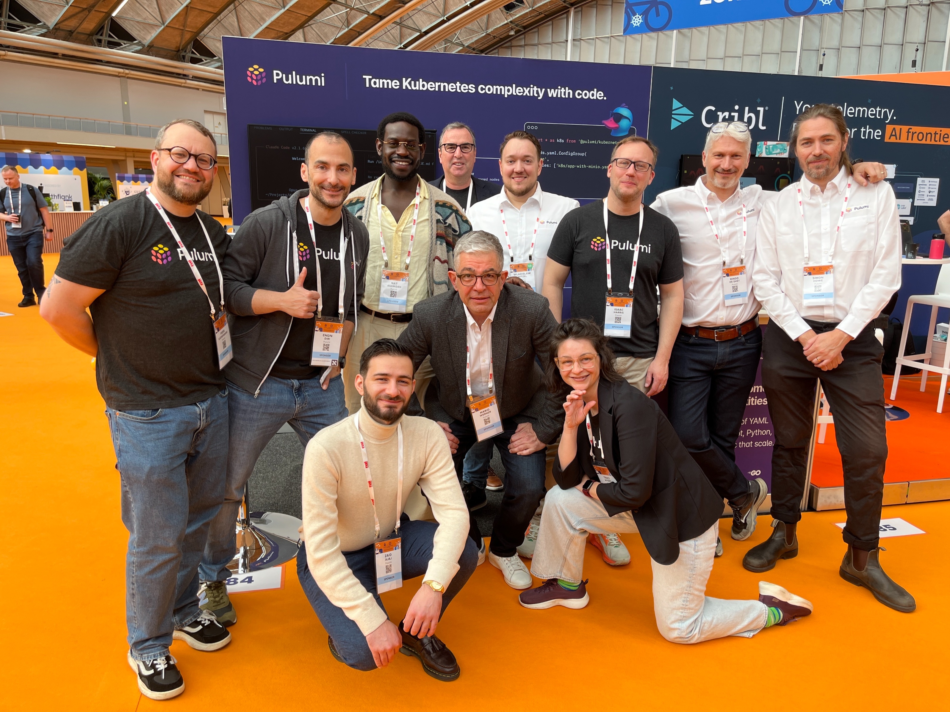 The Pulumi crew at our booth at KubeCon EU 2026 in Amsterdam