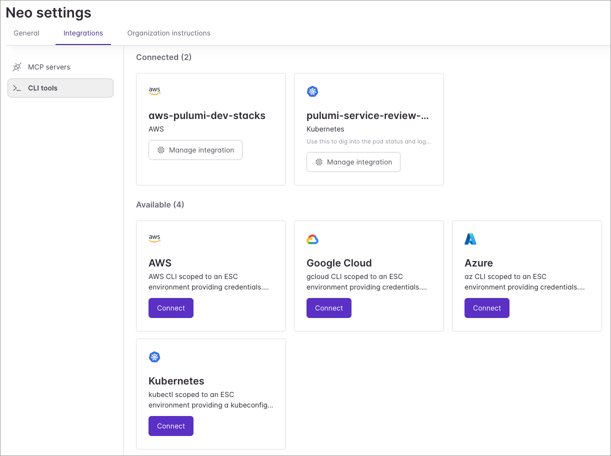 Neo Settings CLI tools tab with two connected AWS and Kubernetes integrations and four available CLI types: AWS, Google Cloud, Azure, and Kubernetes
