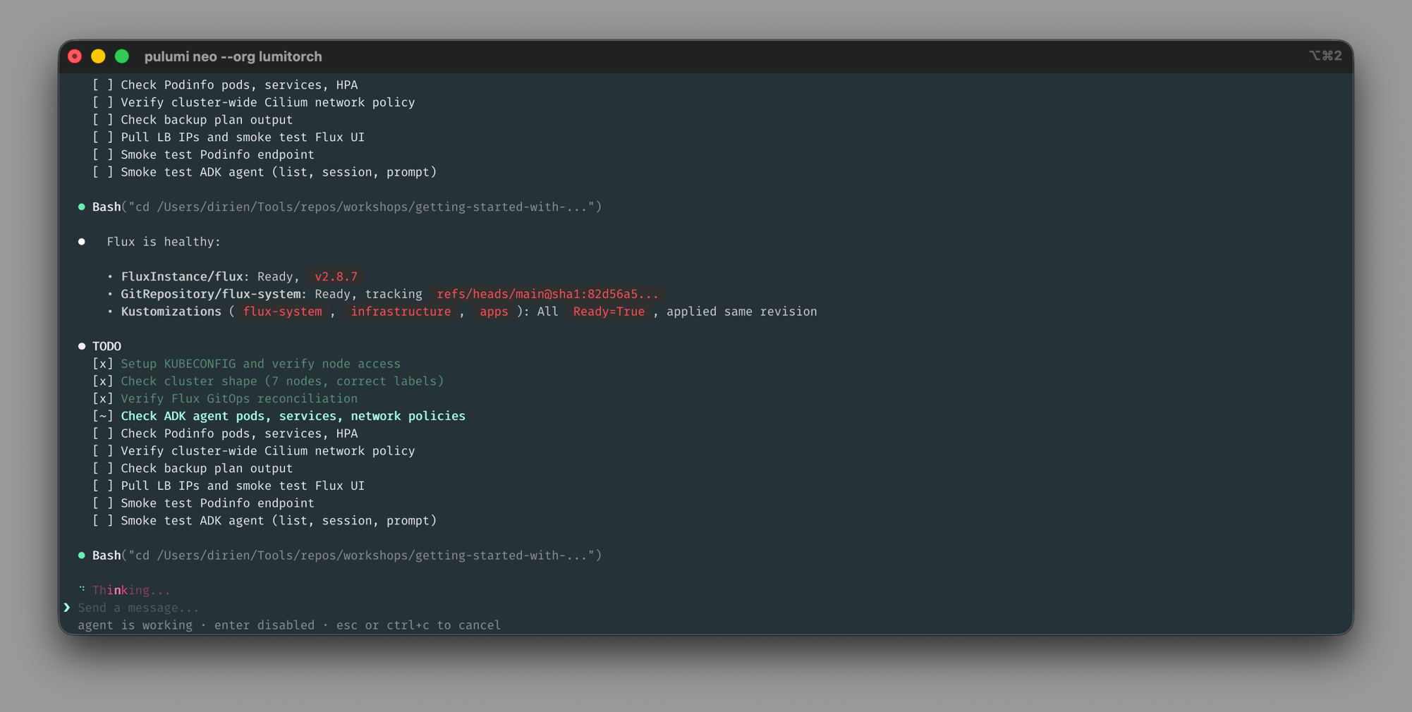 pulumi neo working through a Kubernetes cluster check, with Flux GitOps state verified and a TODO list in progress
