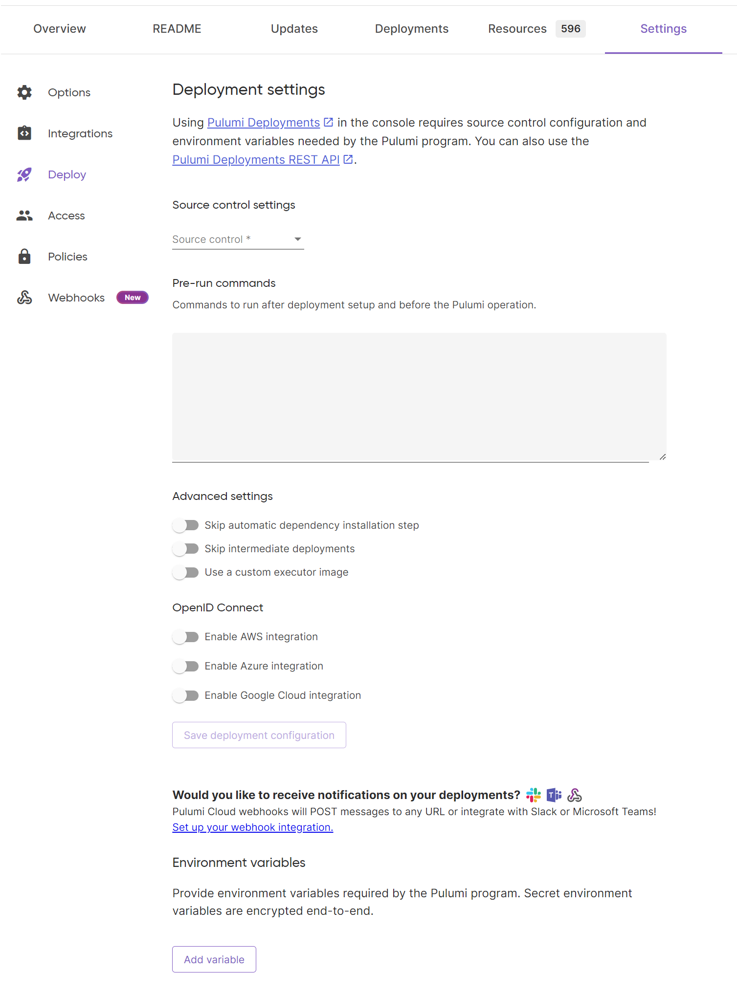 Pulumi UI - Deployment Settings