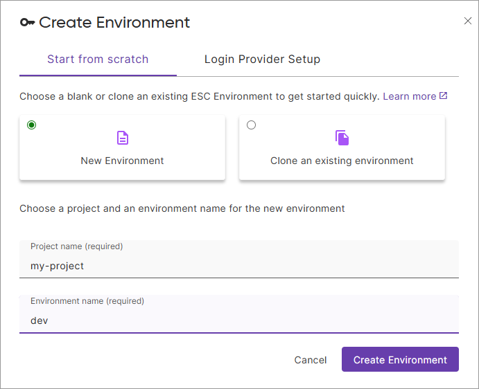 Create Environment dialog in Pulumi Cloud showing fields for project name (my-project) and environment name (dev)