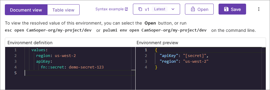 ESC environment editor showing YAML definition with region and apiKey values before saving