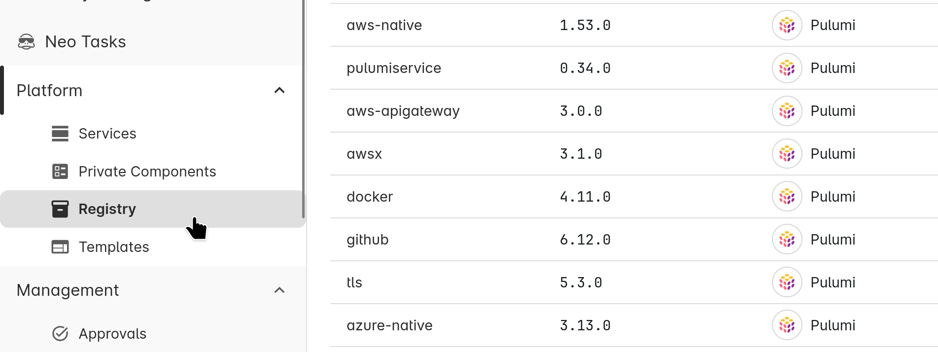 Platform menu showing Registry tab