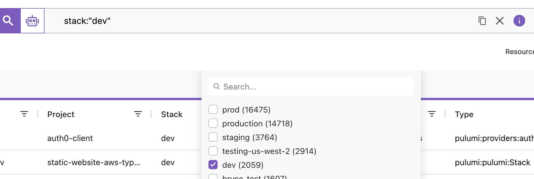 Resource Search Column Filter