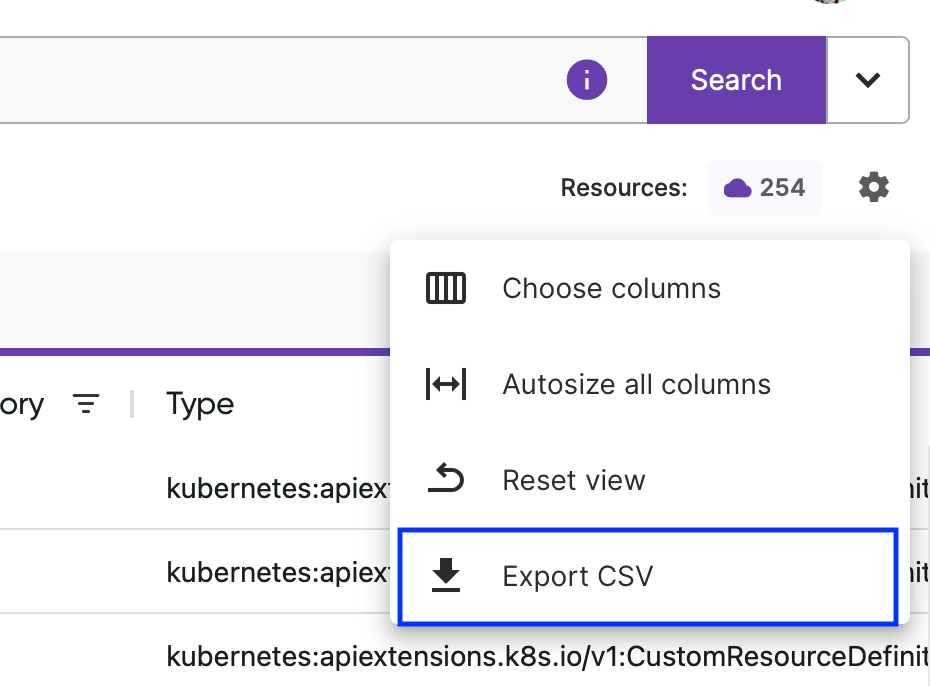 a screenshot of the Pulumi Cloud web UI showing the drop-down for Pulumi Insights results and the Export CSV command highlighted