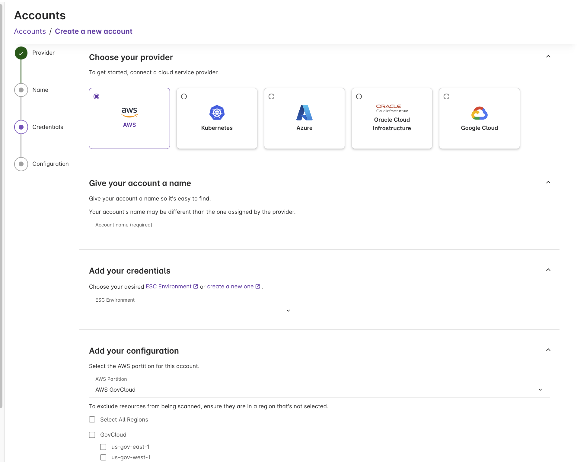 Choosing an AWS partition when creating an Insights account