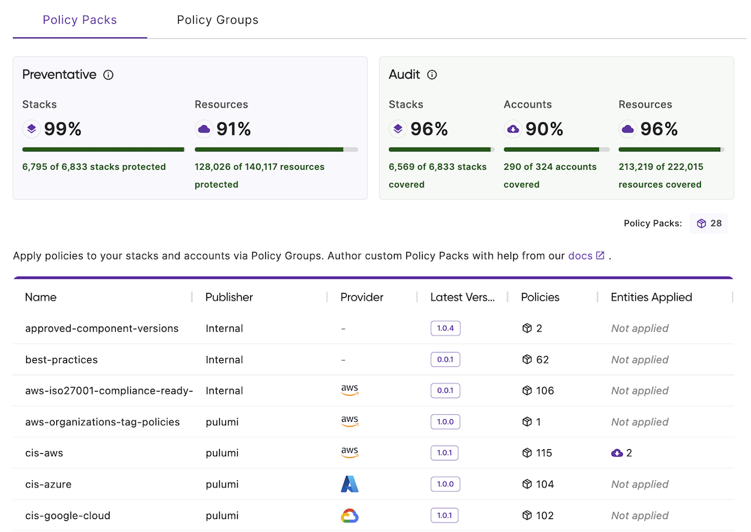 The Policies page with the Policy Packs tab selected