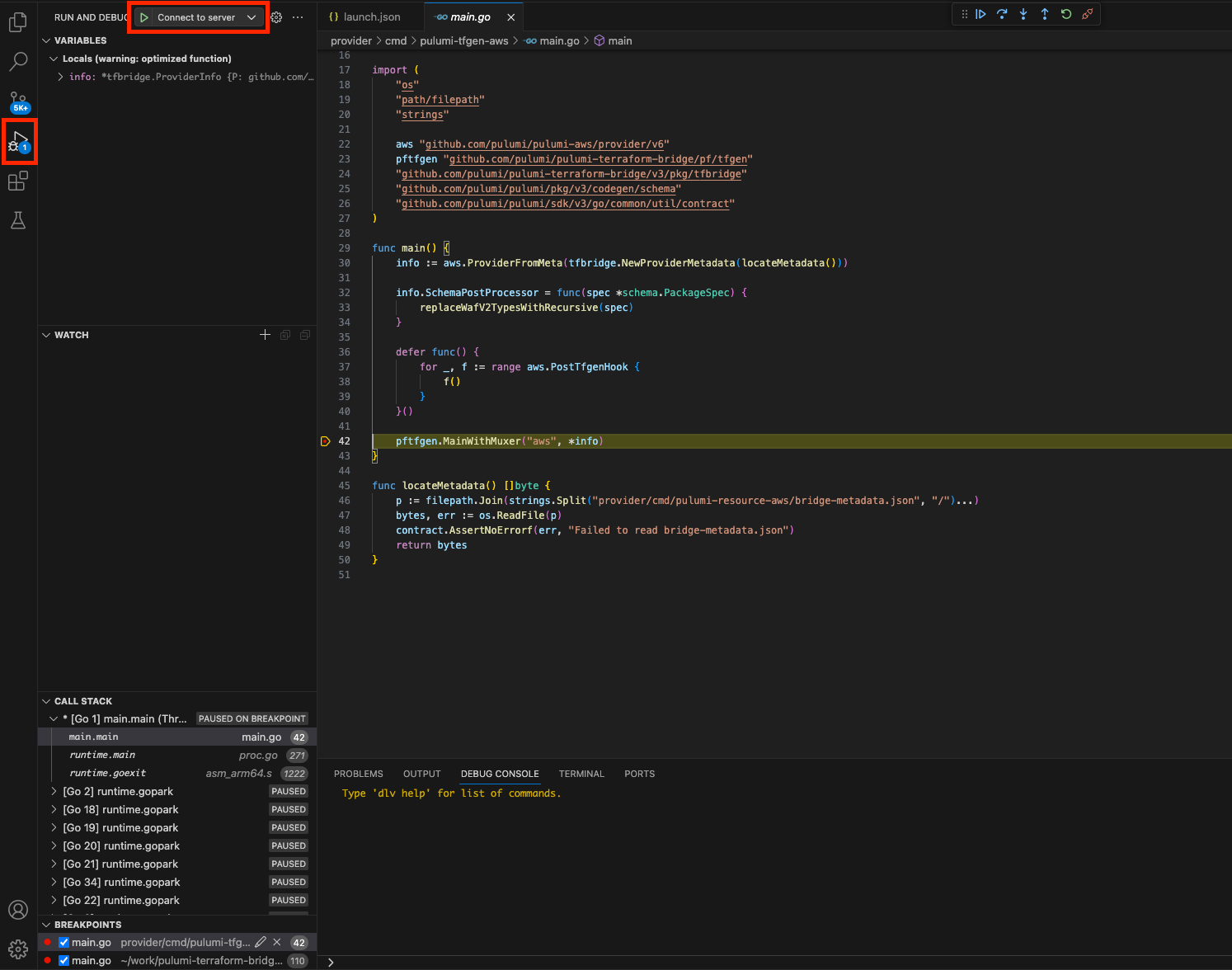 Screenshot of VS Code configuration for debugging tfgen