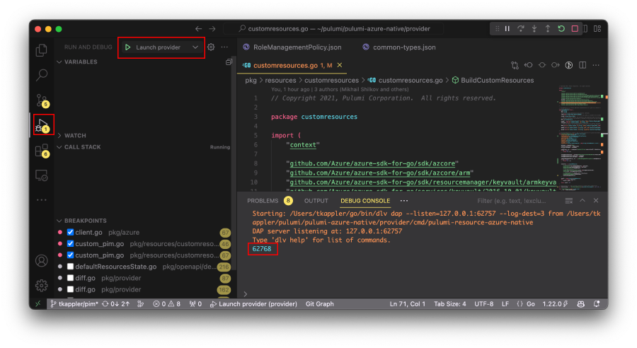 Screenshot of VS Code configuration for debugging providers