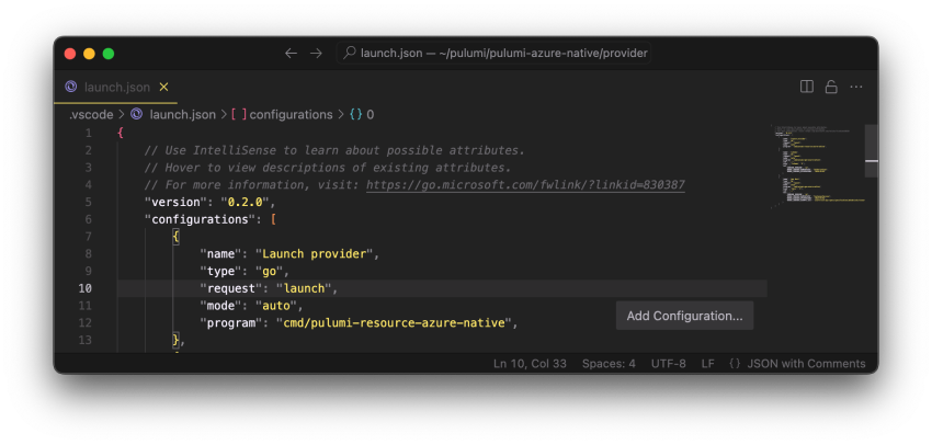 Screenshot of VS Code configuration for debugging providers