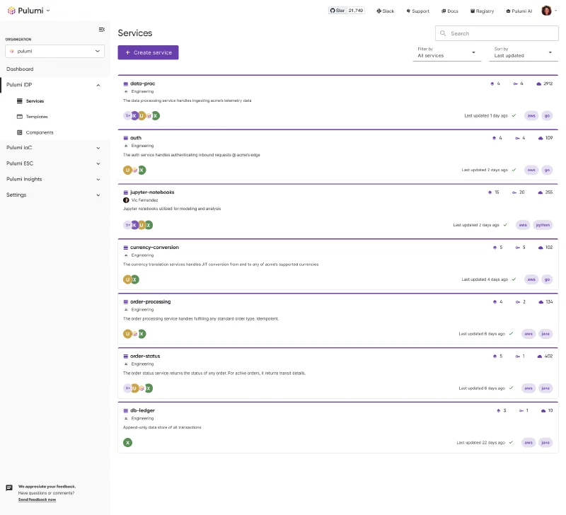 Pulumi internal developer platform with self-service infrastructure templates