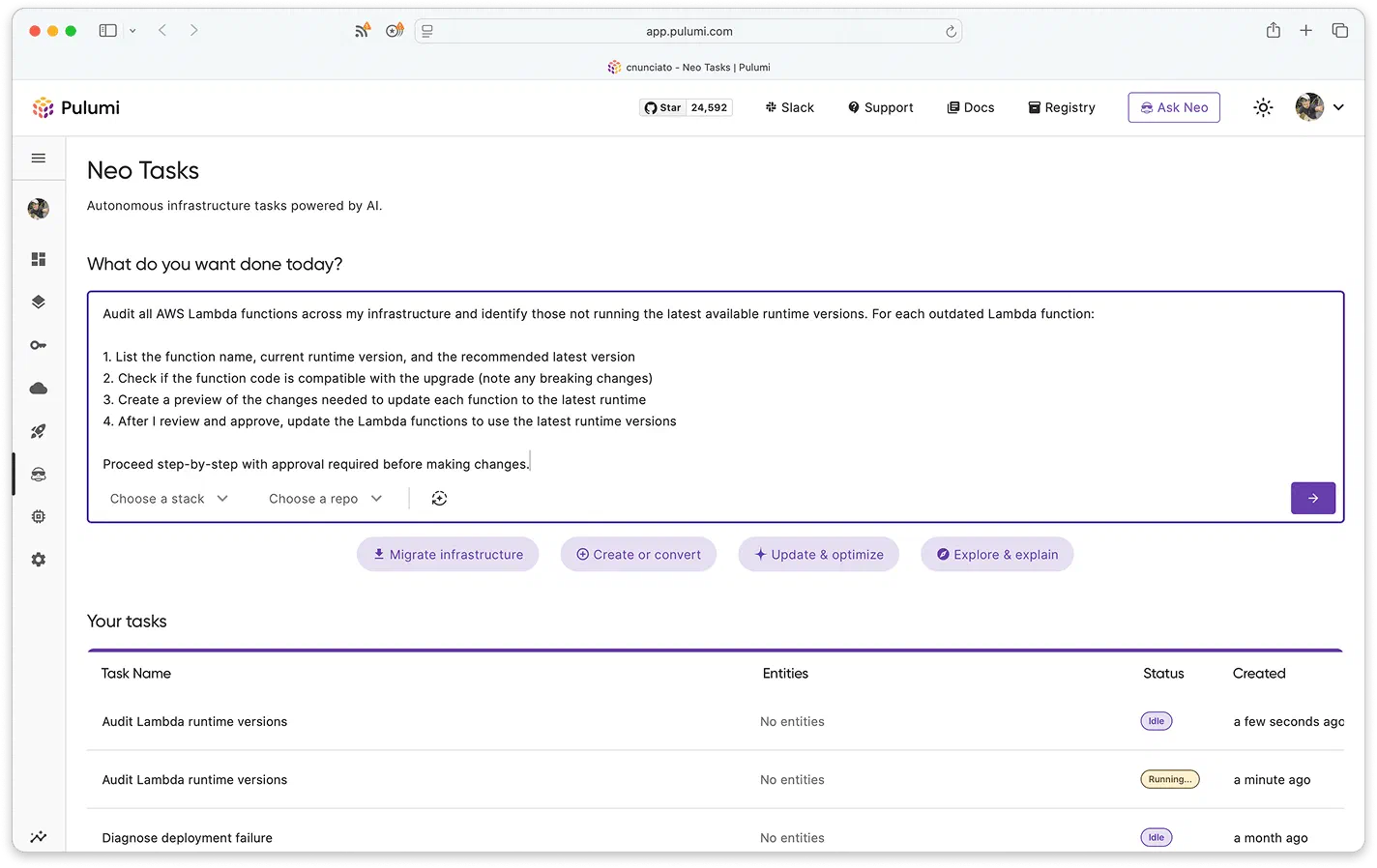 Pulumi Neo AI platform engineer automating infrastructure tasks.