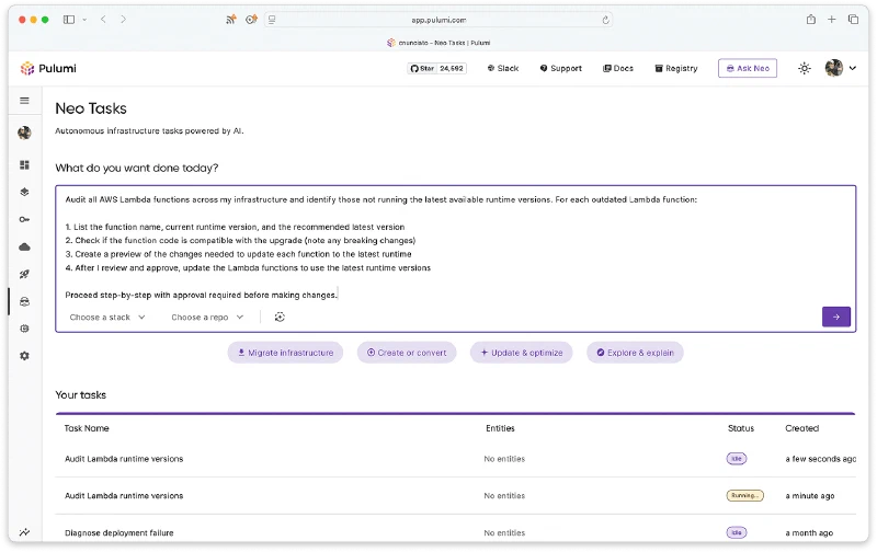 Pulumi Neo AI platform engineer automating infrastructure tasks.