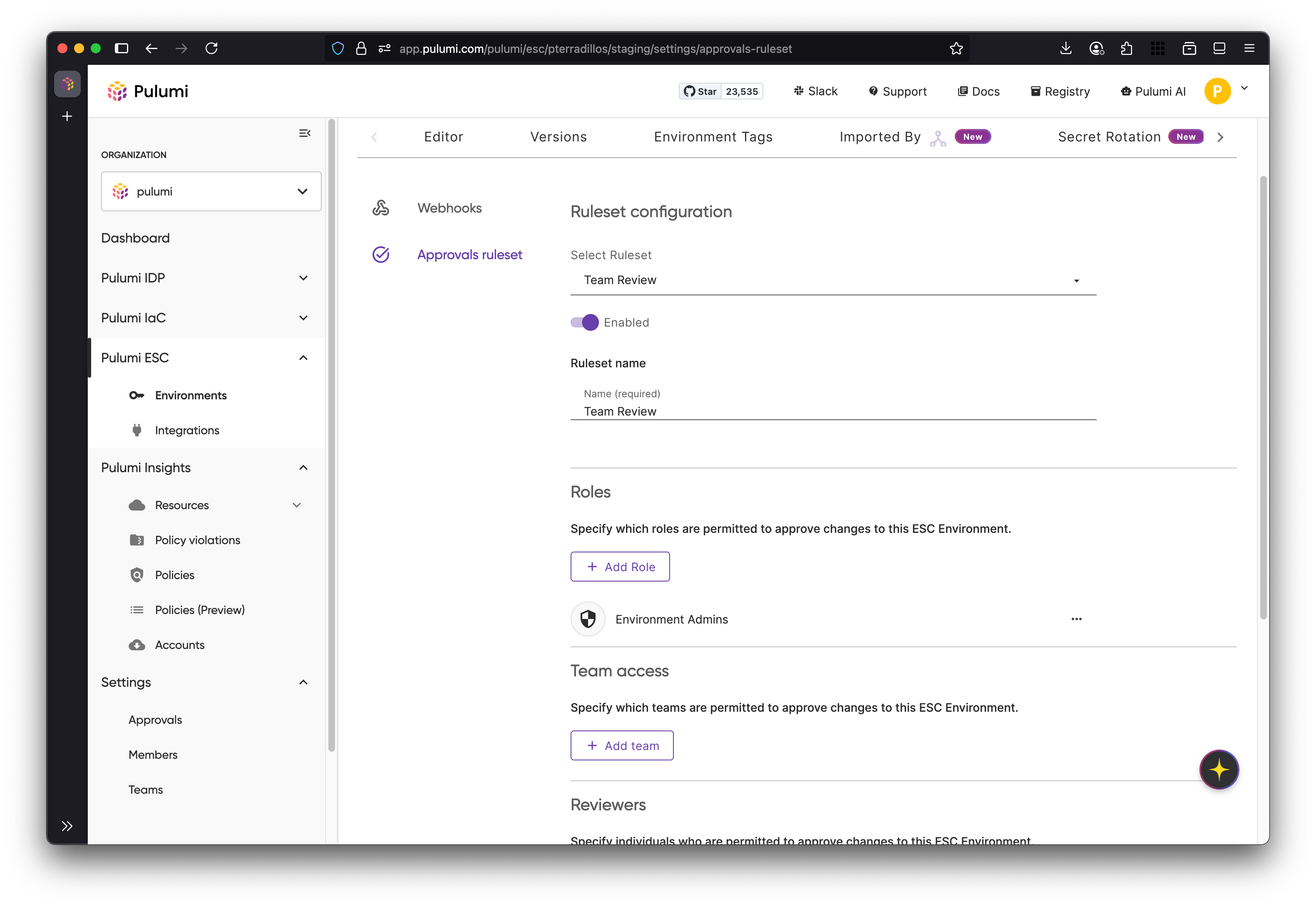 Approvals ruleset configuration