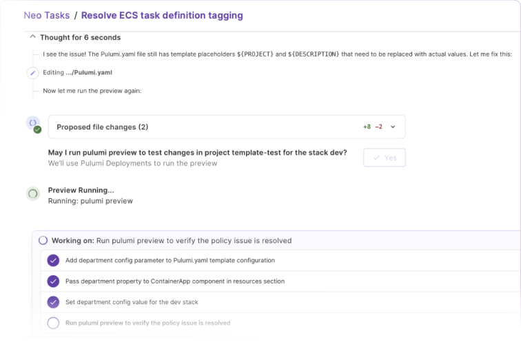 AI-powered remediation workflow in Pulumi Neo